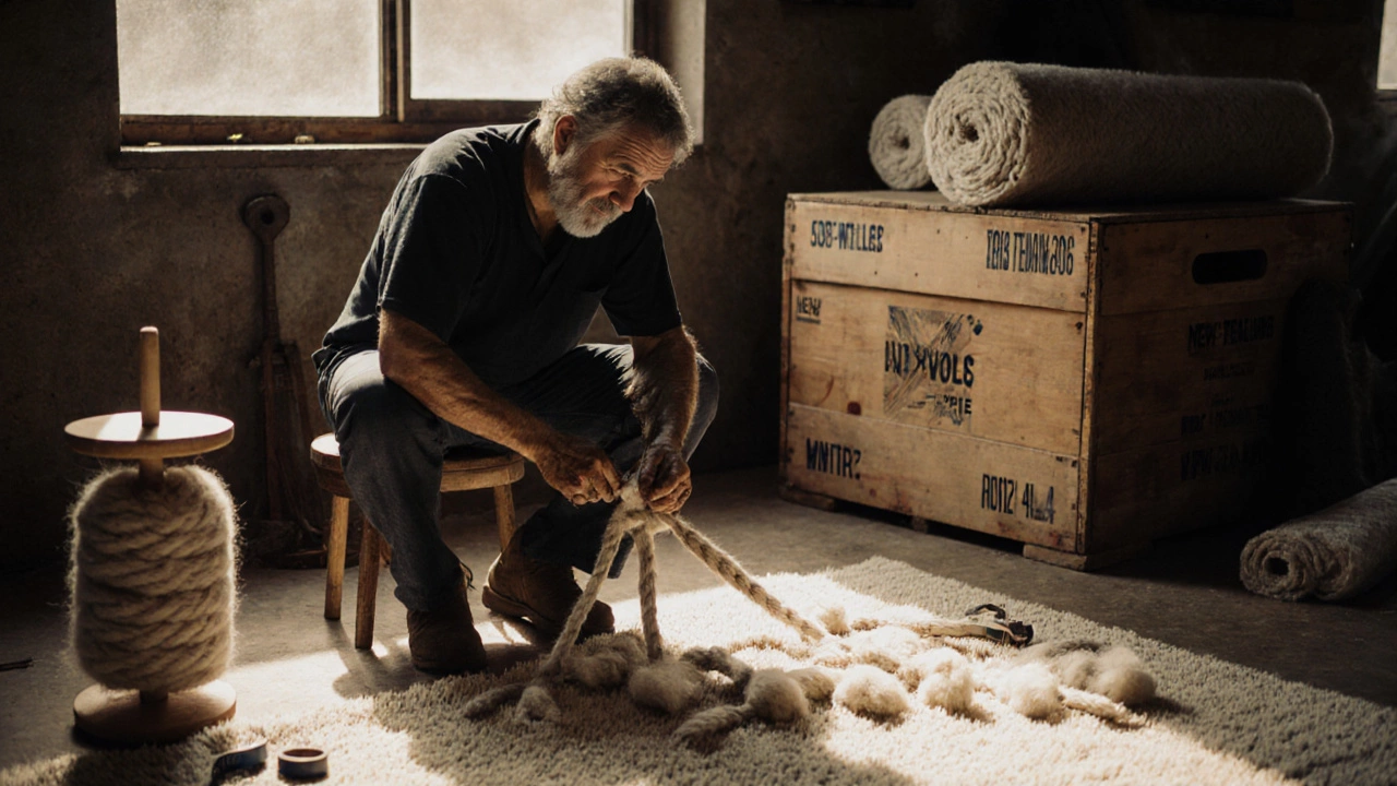 Artisan in New Zealand workshop tying a knot on a wool rug beside rolled padding and a crate.