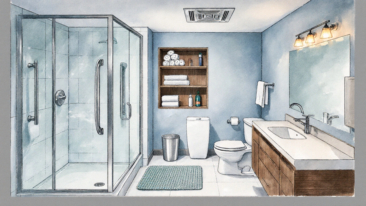 Bathroom cross‑section highlighting grab bars, non‑slip mat, and vanity lighting.