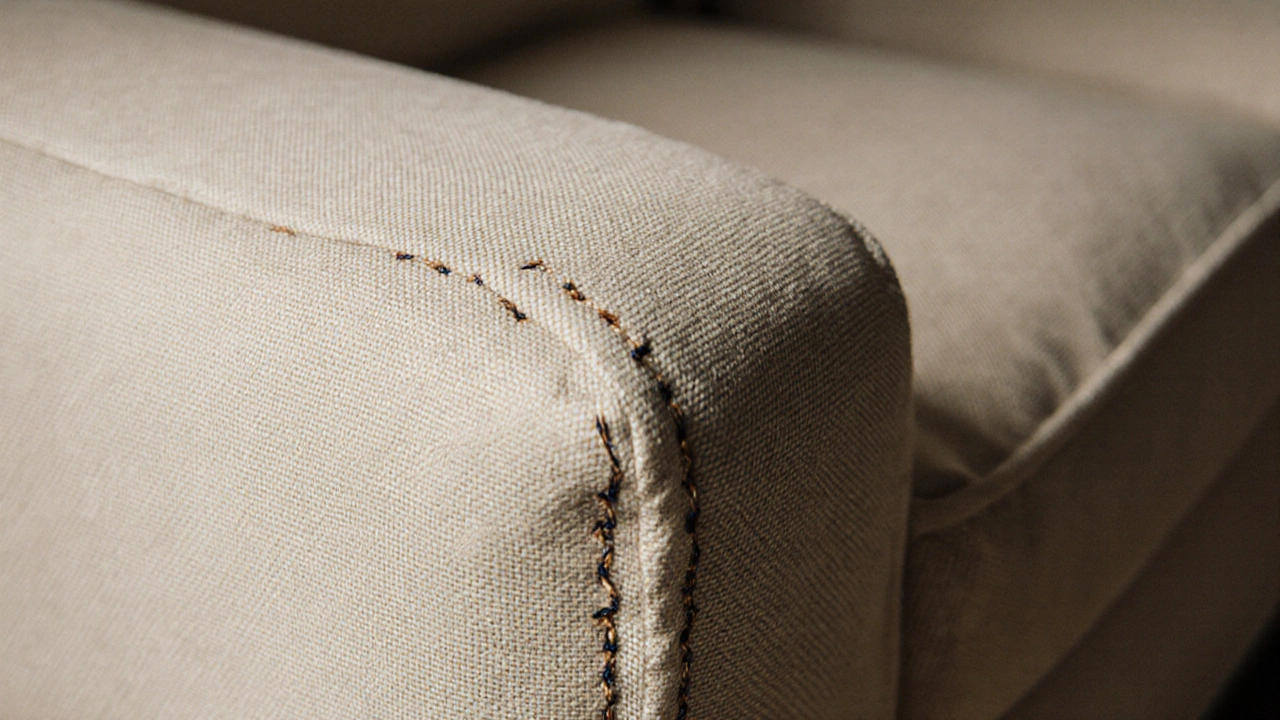 Close-up of precision hand-stitched seam with dense, even waxed thread on premium fabric.