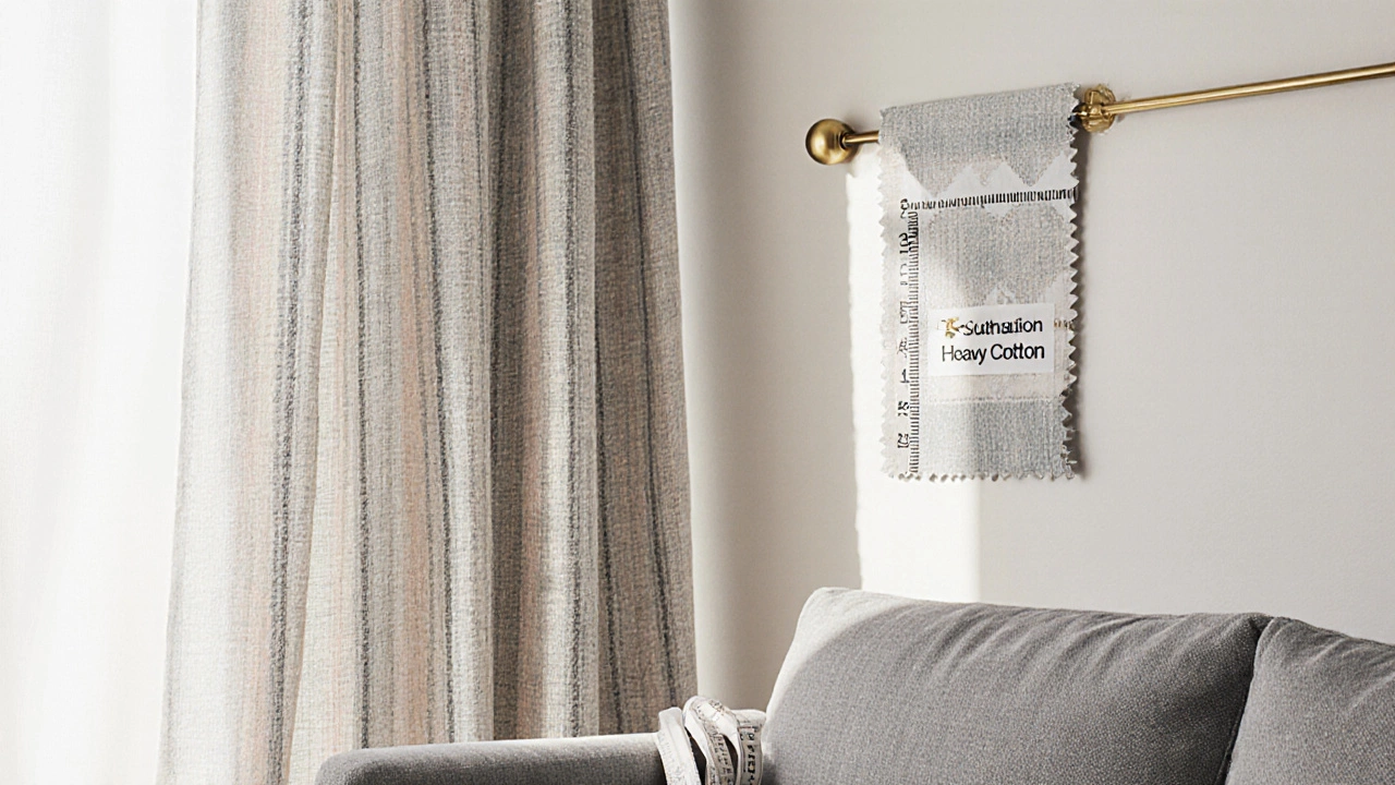 Close‑up sketch of linen striped curtains on a brass rod above a grey sofa with fabric swatches and measuring tape.