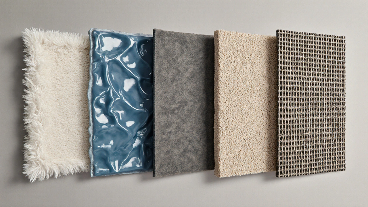 Close‑up textures of cotton, latex, polypropylene, rubber and woven lattice rug backings.