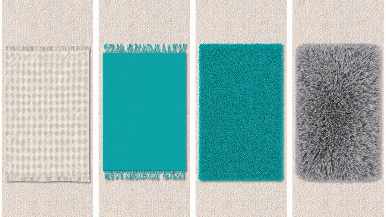 Collage of four rugs on carpet comparing flatweave, low‑pile wool, synthetic, and shag styles.