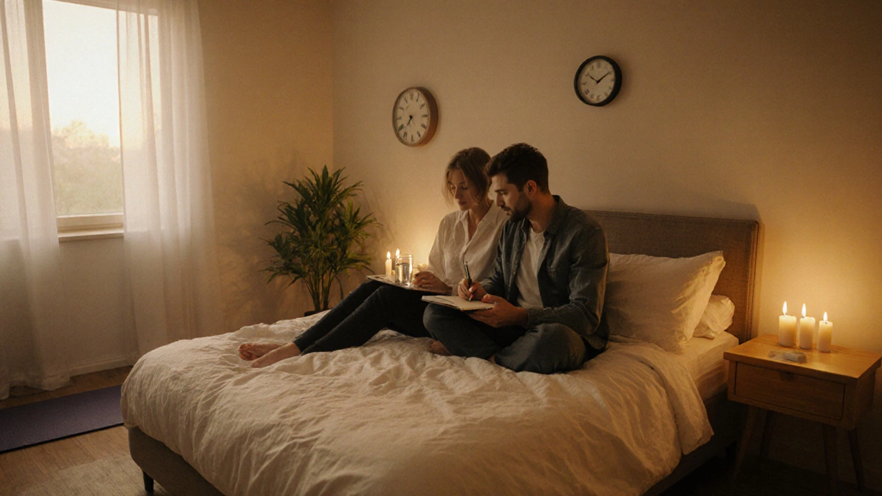 Couple sitting on bed with notebook and candles, planning intimate time in a cozy room.