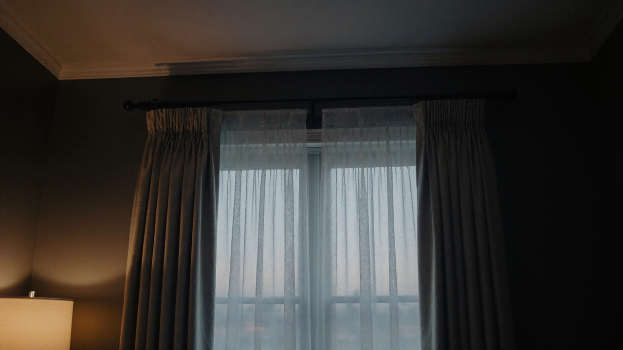 Cozy bedroom window with pinch‑pleat curtains, 4‑inch overhang, and warm evening lighting.