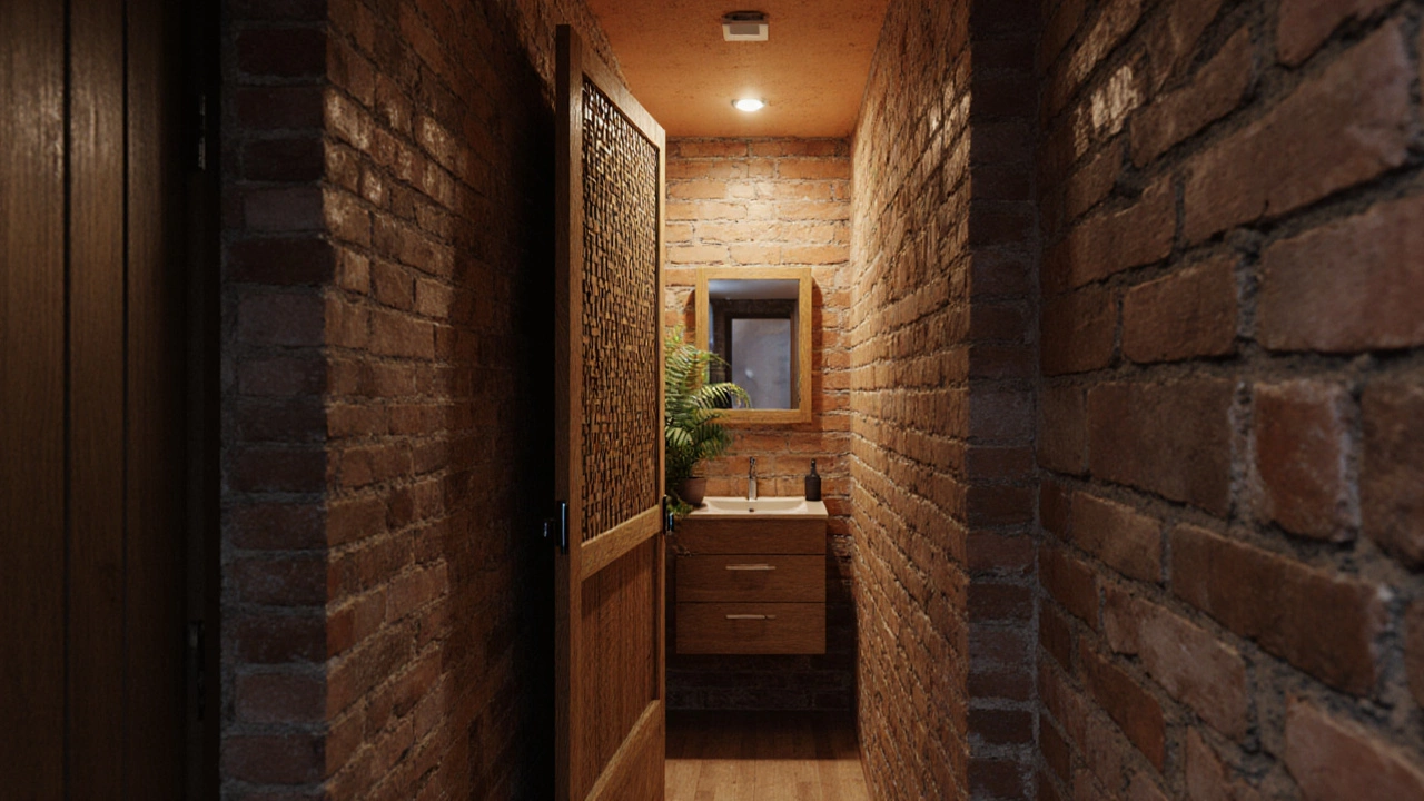 Cozy cottage bathroom featuring a hidden wood privacy screen pocket door, floating vanity, and warm lighting.