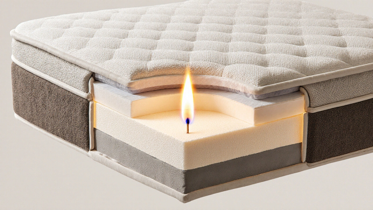 Cross-section of mattress showing hidden fire-resistant layers, tiny flame self-extinguishing on surface.
