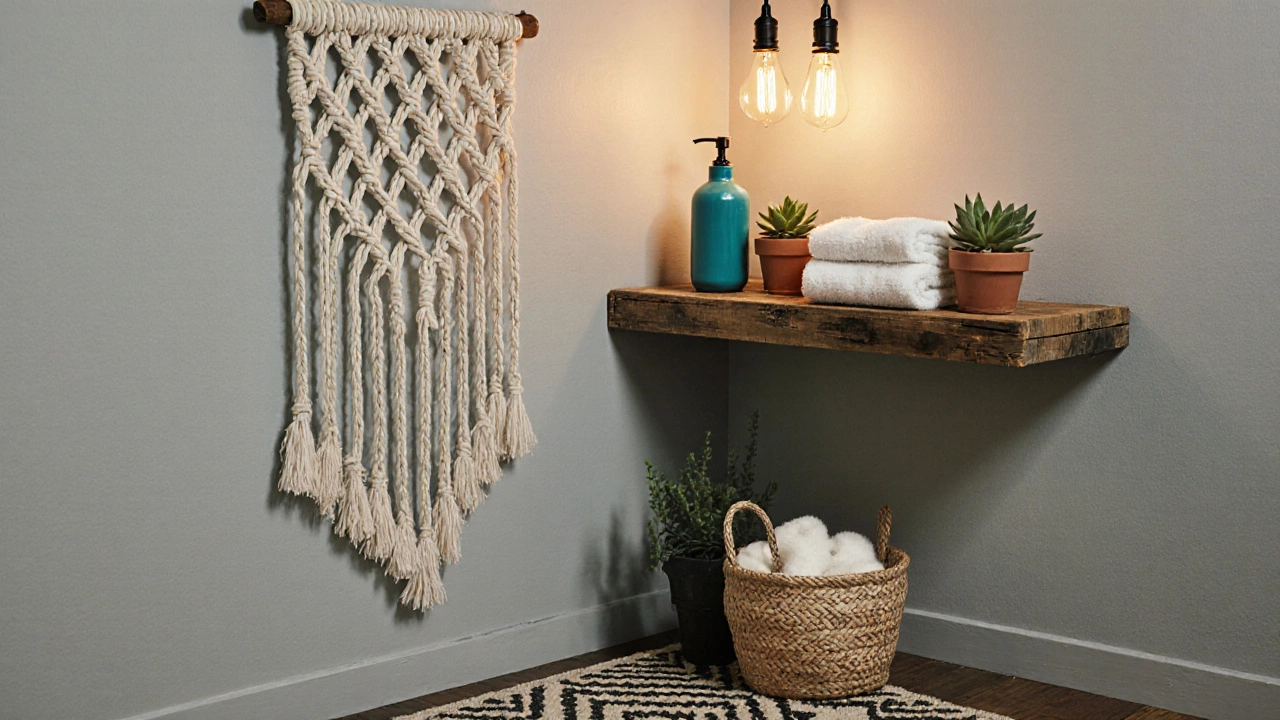 DIY boho bathroom corner with macramé hanging, glass bottle dispenser, reclaimed shelf, and Edison bulbs.