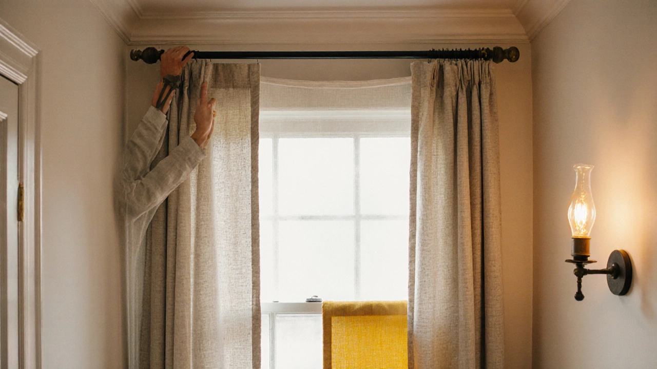 DIY scene of trimming curtain hem, swapping to black hardware, and adding a mustard accent panel.