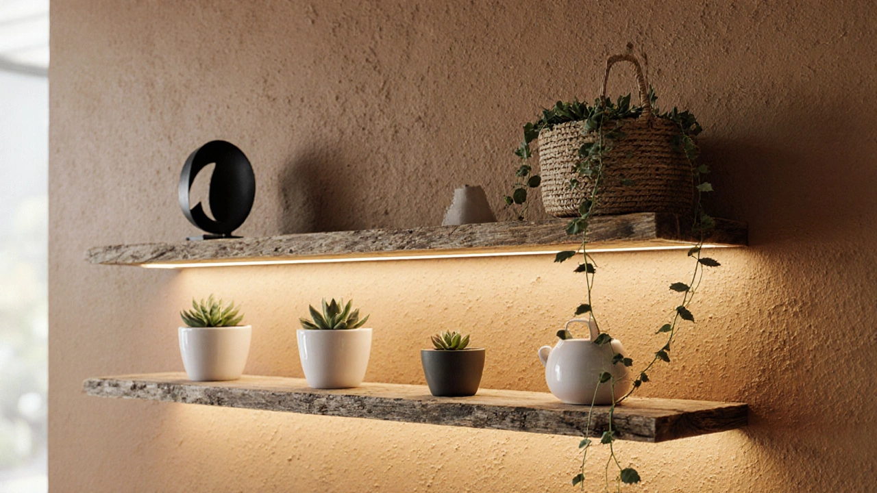 Double‑layer reclaimed‑pine floating shelves with hidden LED lighting and styled décor.