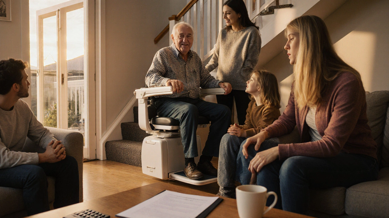 Family celebrating a new stair lift installation in a cozy home.