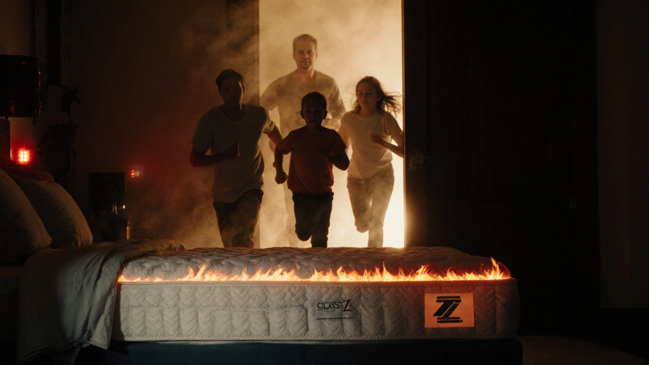 Family escaping bedroom fire as mattress behind them resists rapid flame spread, Class Z label barely visible.