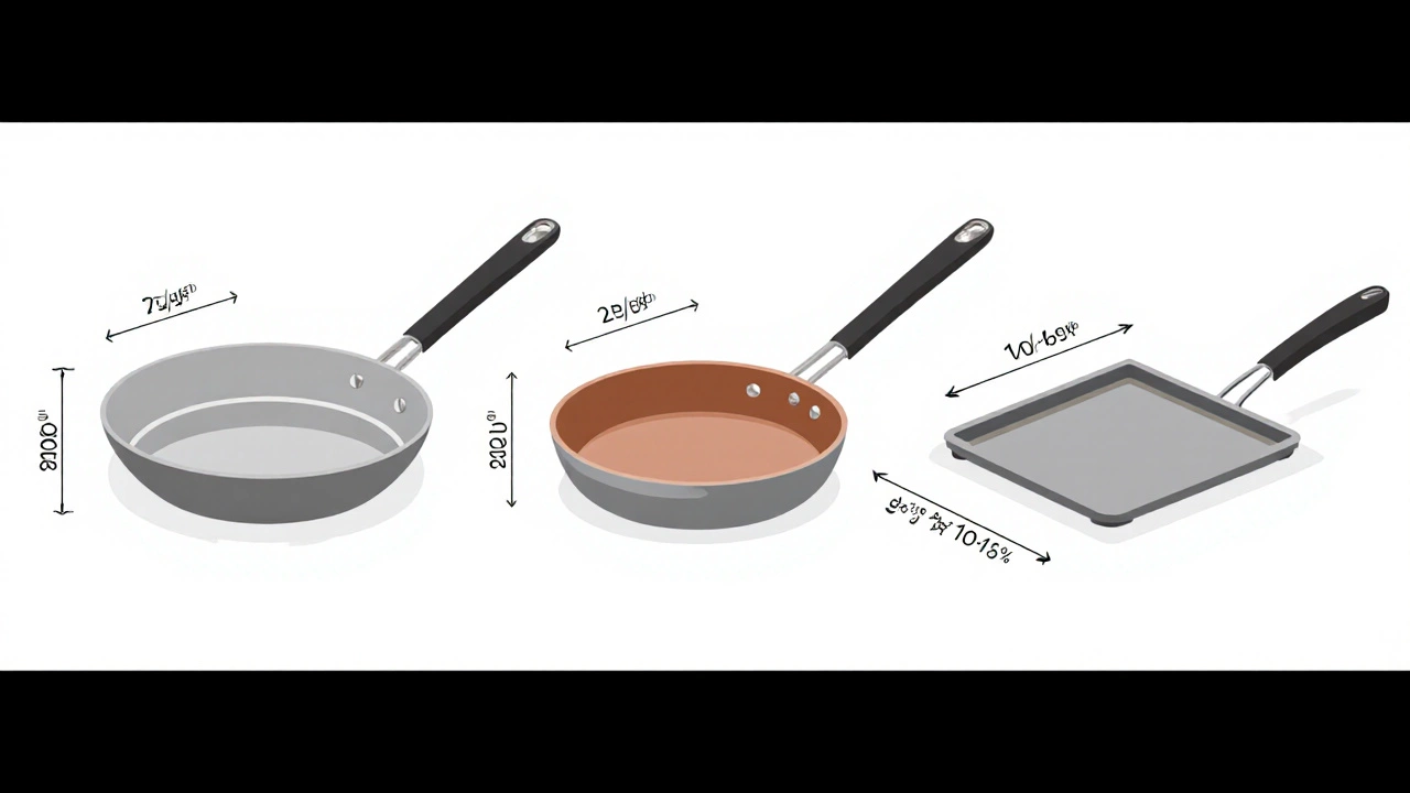 Flat illustration comparing skillet, sauté pan, and sheet pan side by side.