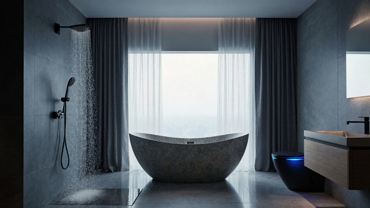 Freestanding tub, rain showerhead, and smart toilet highlighted in a sleek bathroom.