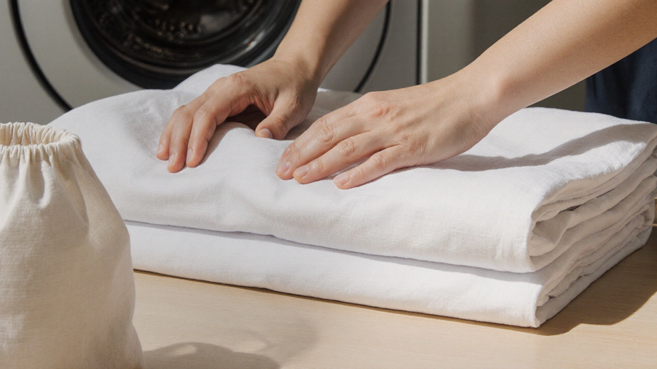 Hands folding cotton sheets and placing them into a breathable linen storage bag.