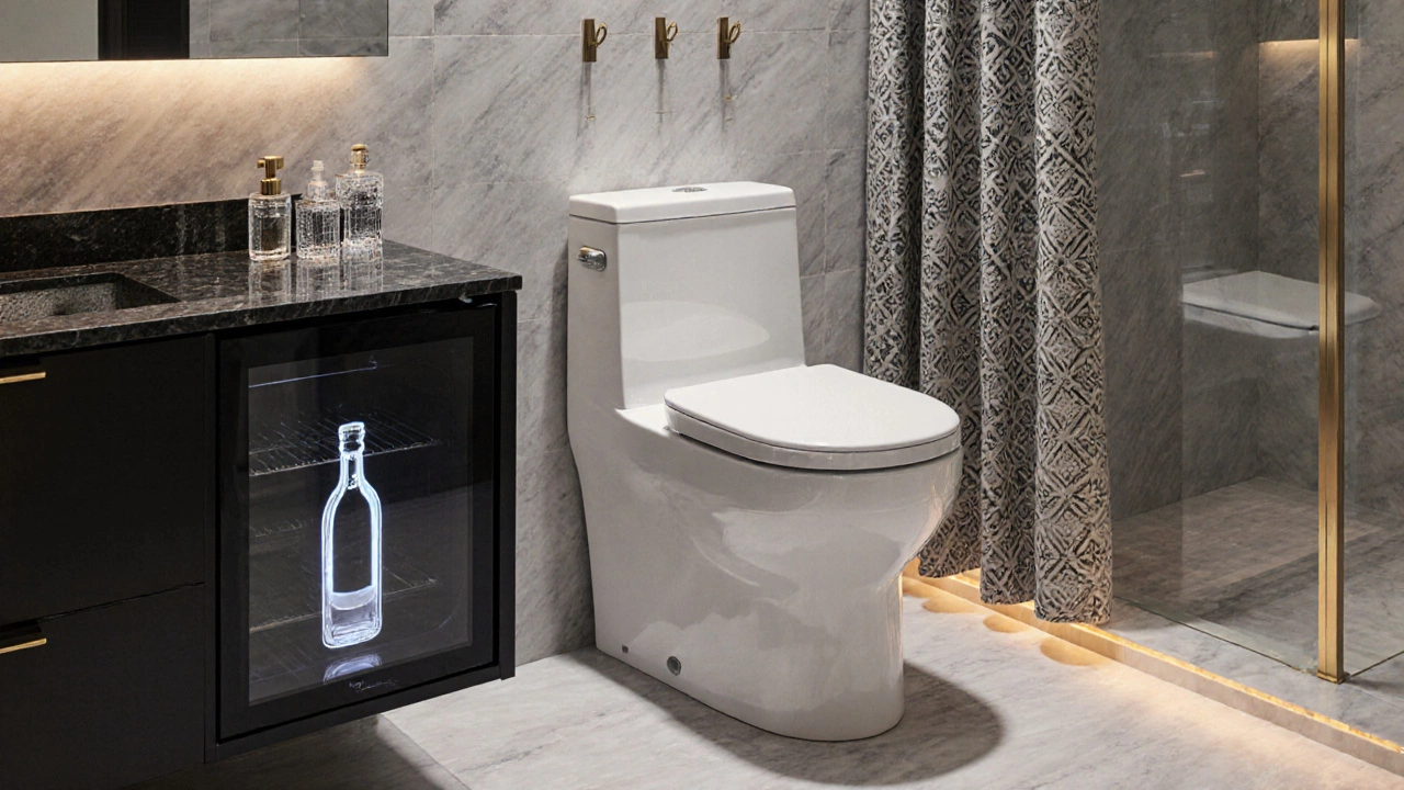 High‑end bathroom showing a smart toilet, wine fridge, gold fixtures, and radiant floor heating.