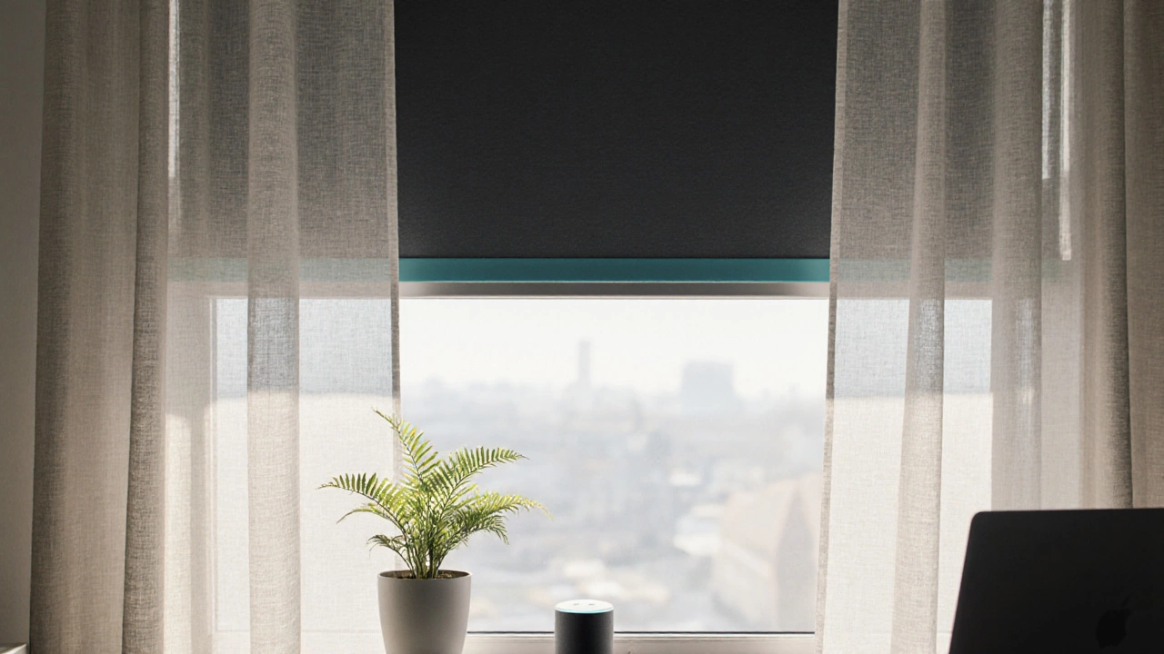 Home office window showing layered sheer and blackout curtains with a teal accent strip.