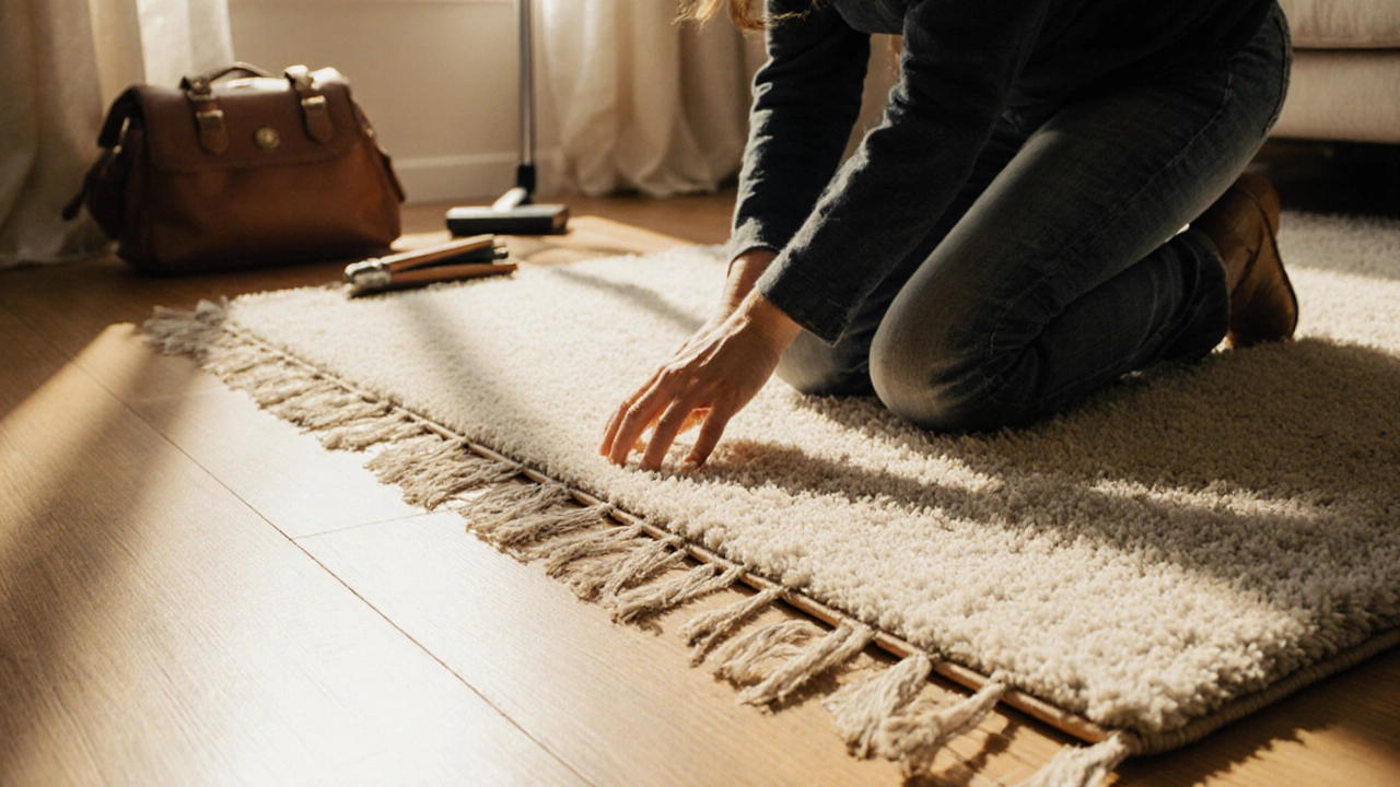 Homeowner inspecting a rug’s underside, feeling for quality and edge stitching.