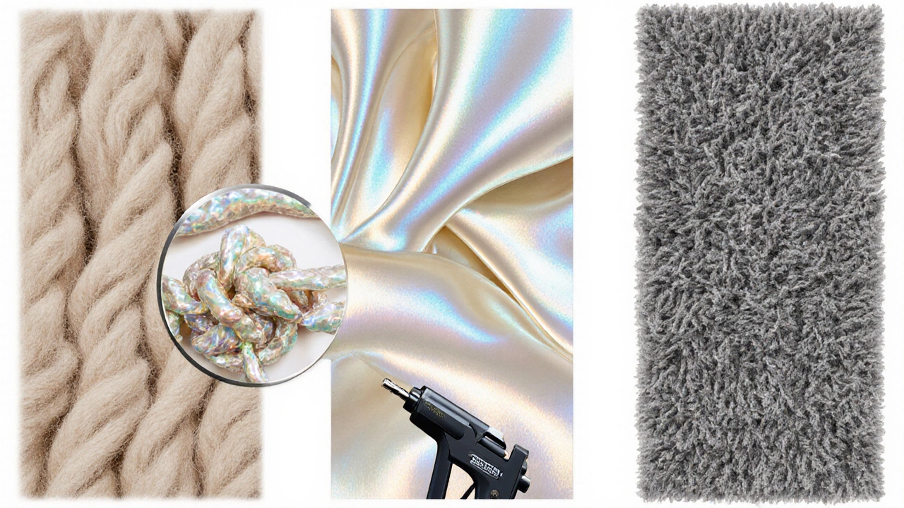 Illustration comparing wool, silk, and synthetic fibers with close‑up of a hand‑knotted knot.