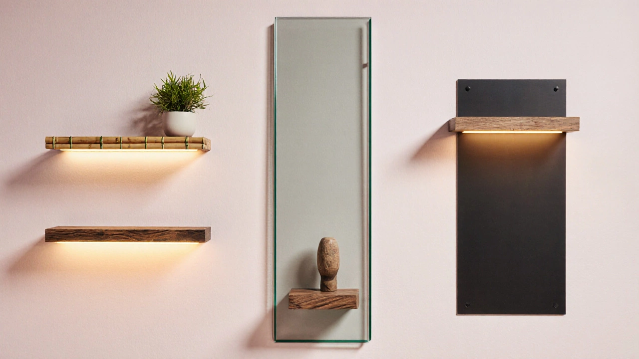 Illustration of three floating shelves showing bamboo, LED‑lit glass, and wood‑metal mixed materials.