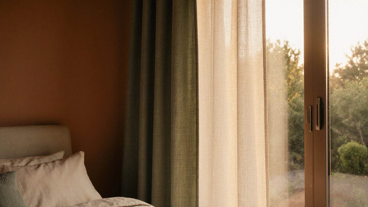 Layered sheer and blackout curtains in a bedroom with warm earth tones, sunlight filtering through