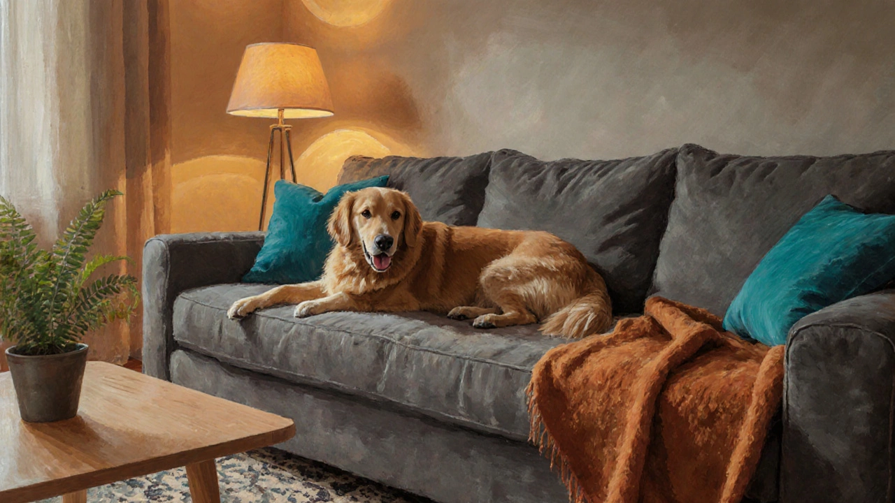 Living room with a grey sofa, dog, and coffee spill hidden by the fabric.