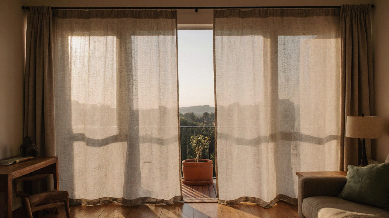 Living room with soft linen and hemp curtains, wooden furniture, and natural light, showing timeless style