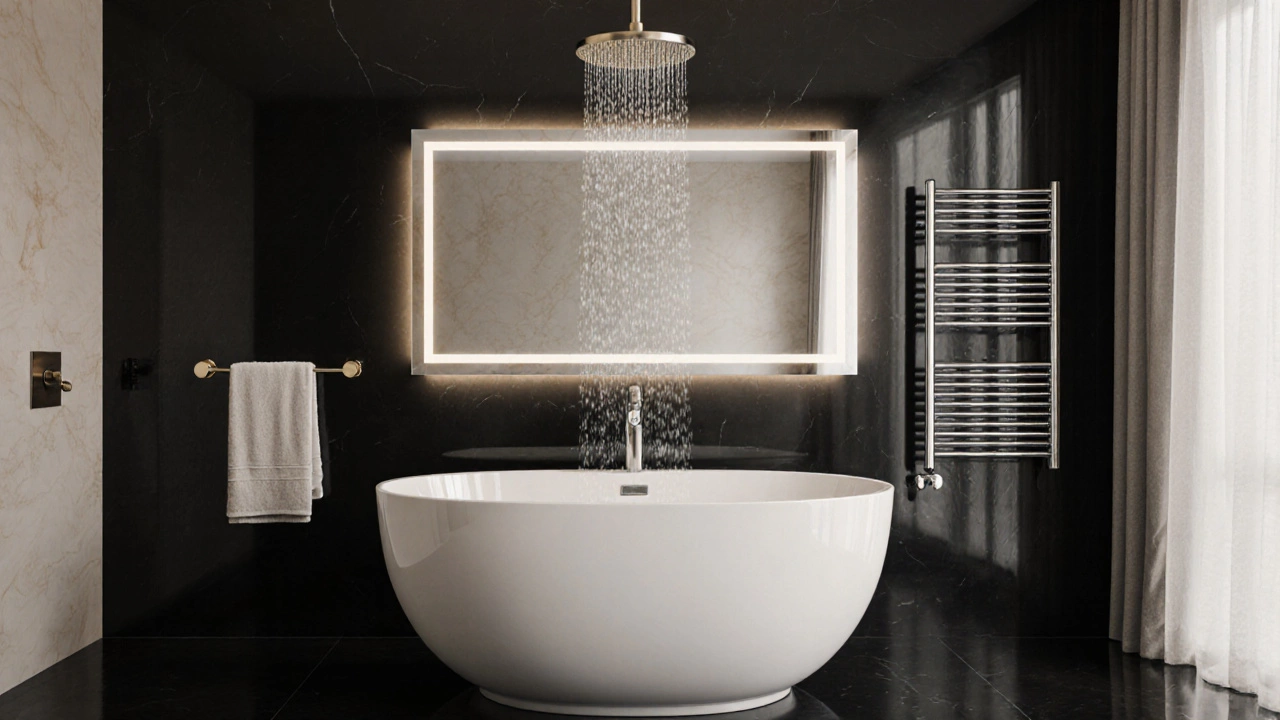 Luxurious bathroom featuring a freestanding tub, rain showerhead, LED mirror, and heated towel rack.