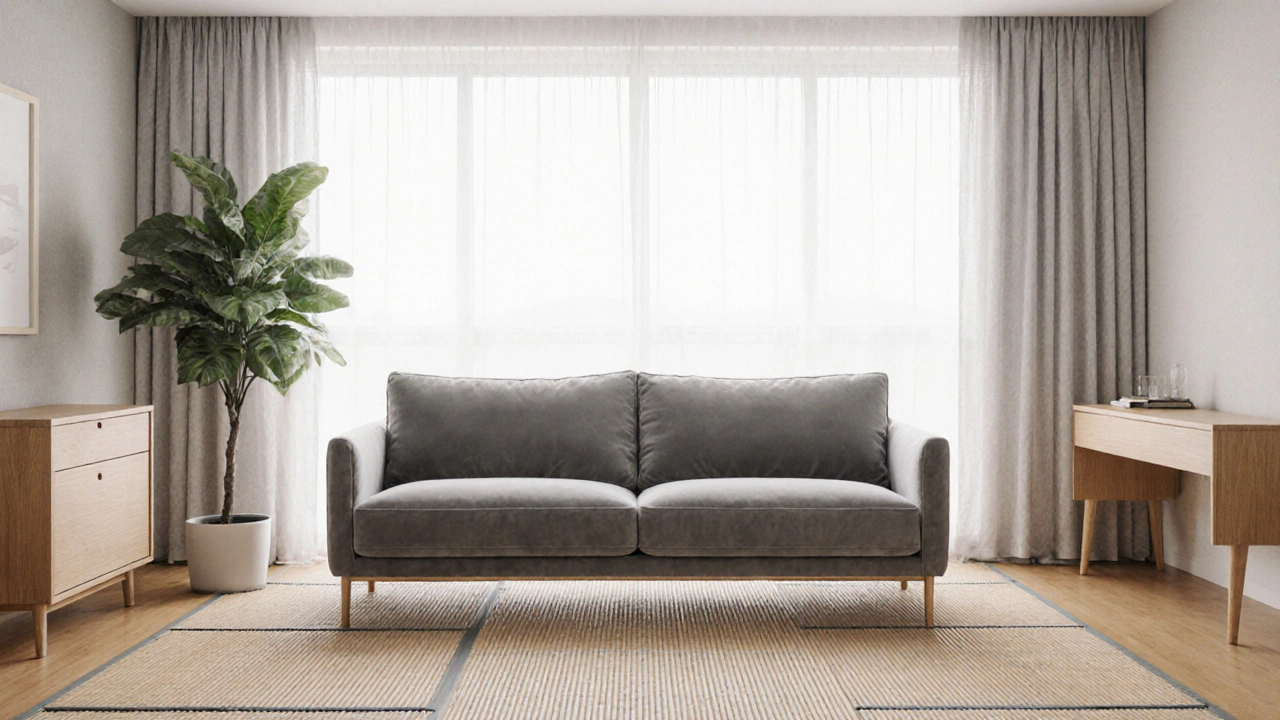 Minimalist Japandi room featuring a grey velvet sofa and natural wood accents.