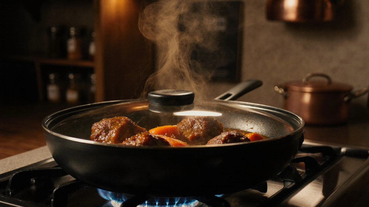 Sauce simmering in a sauté pan with vegetables and meat, steam rising.