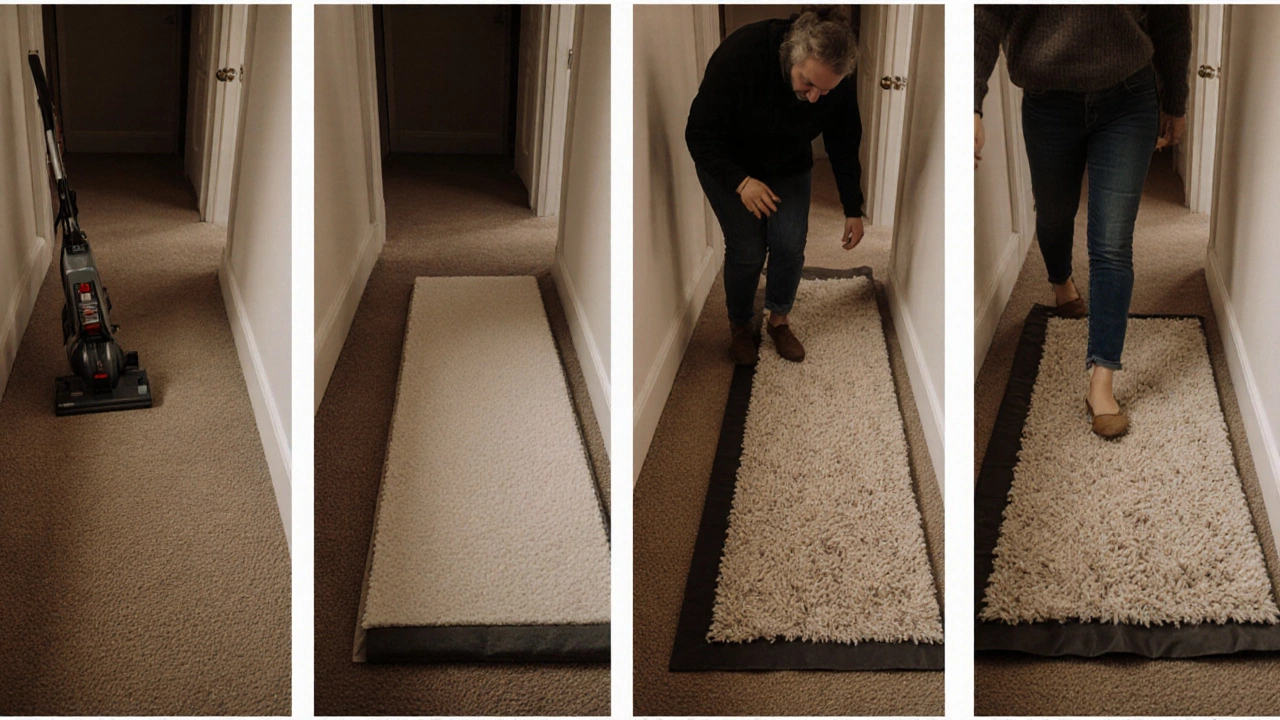 Series of photos showing carpet cleaning, underlay, rug pad, rug placement, and walking test.