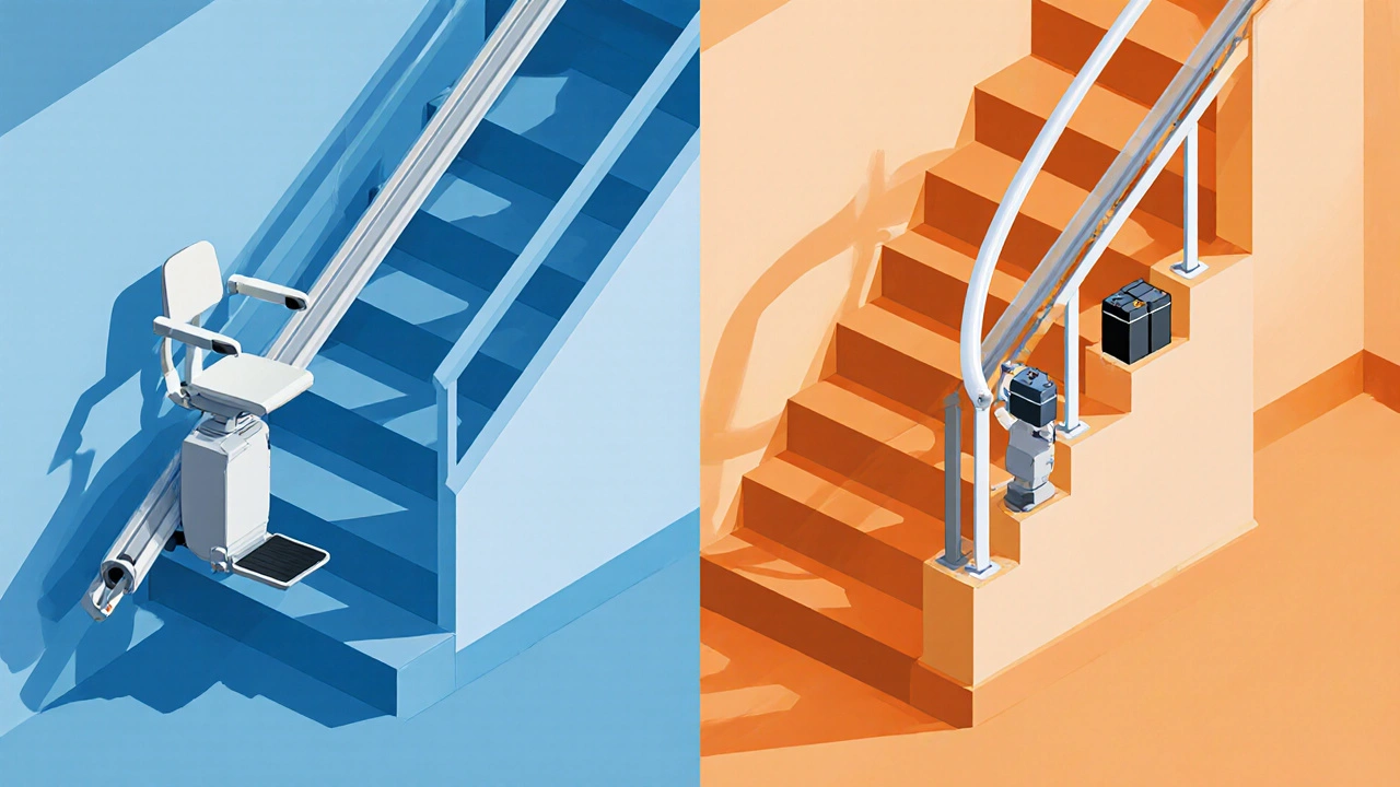 Side‑by‑side view of straight and curved stair lifts on different stairs.