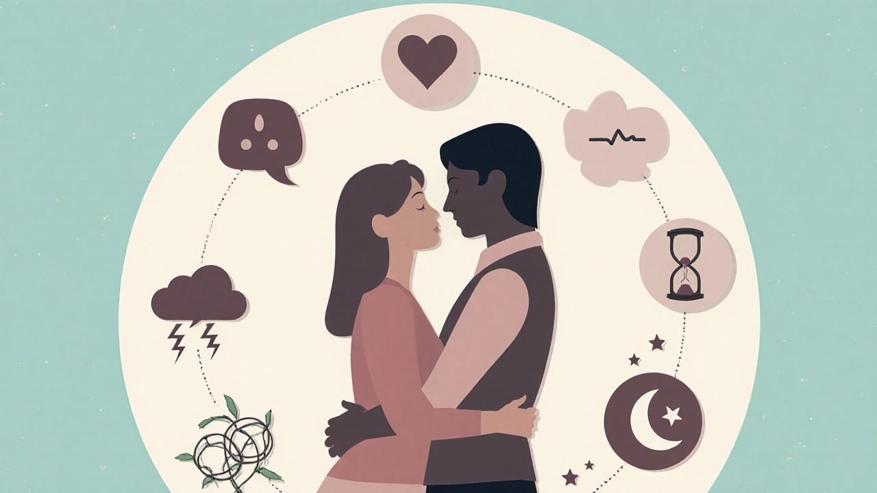 Silhouette of a couple surrounded by symbols for communication, stress, health, age, emotion, and sleep.