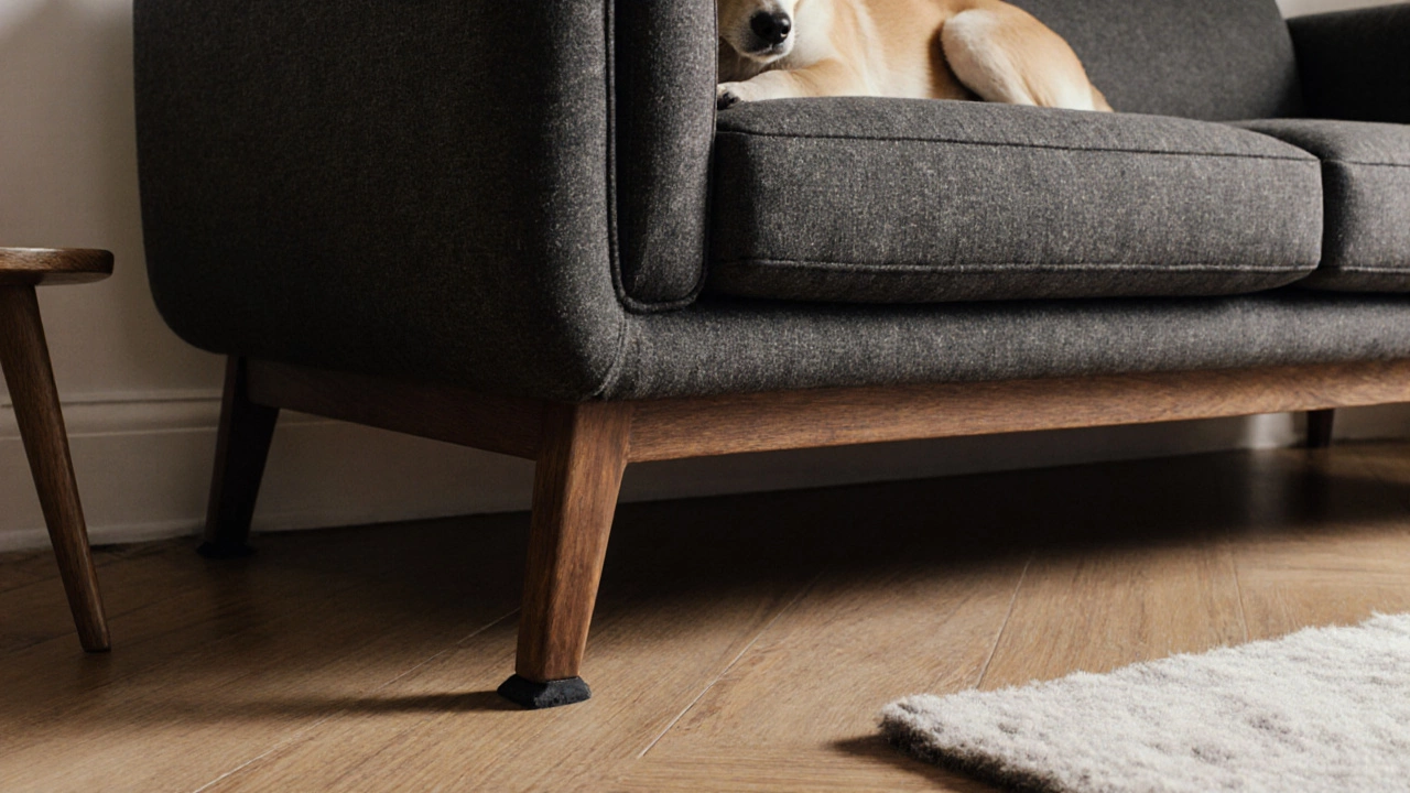 Sofa with intact cushions and felted legs on hardwood floor, dog resting peacefully on it.