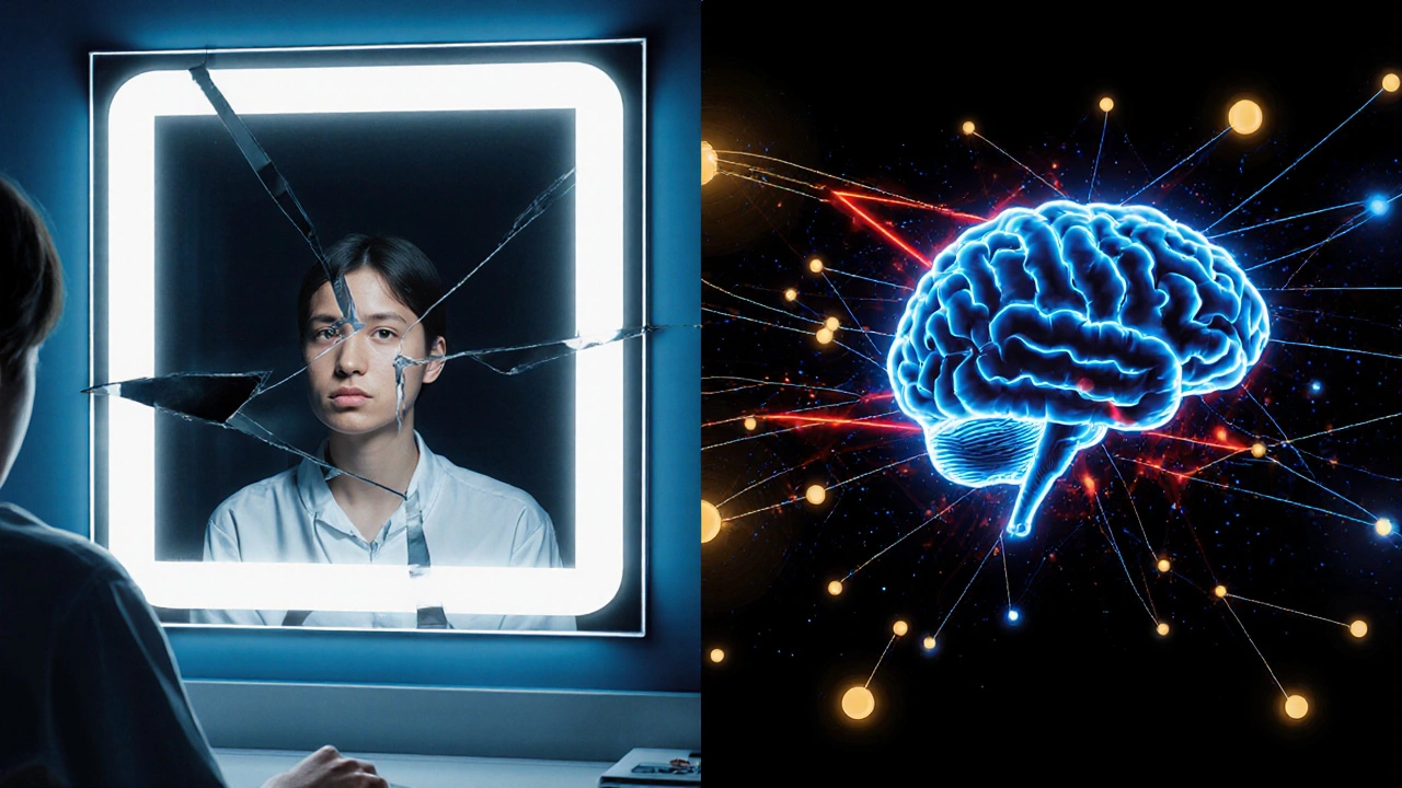 Split illustration of a person in harsh light and a glowing brain network showing anxiety.