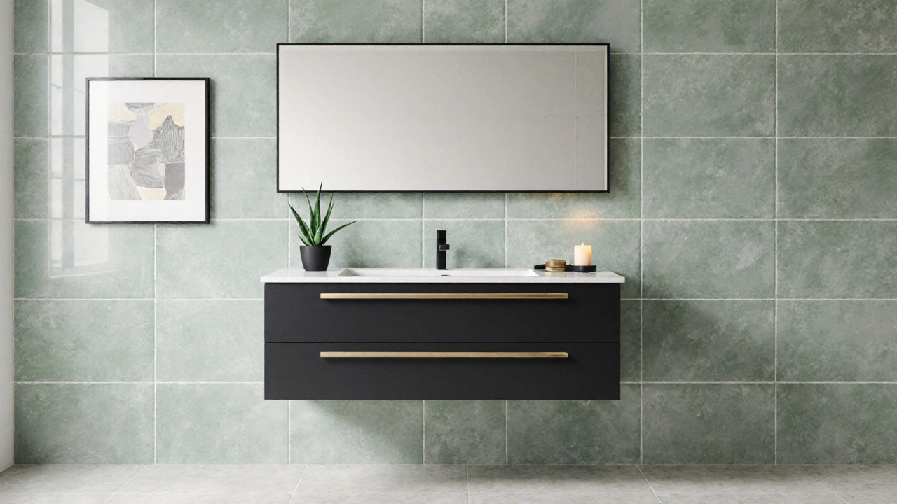Stylish finished bathroom with pastel tiles, sleek fixtures, and decorative accents.