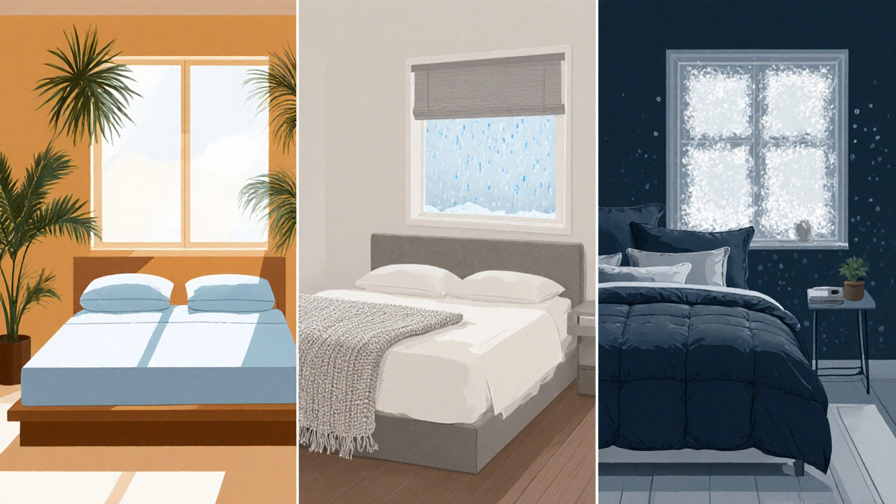 Three bedrooms showing bedding for tropical, mild, and cold climates with appropriate layers.