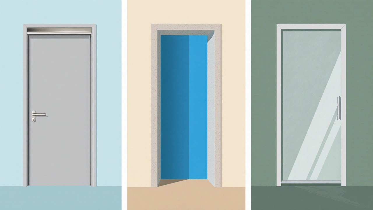 Three panels illustrating sliding, pocket, and frosted‑glass bathroom doors in a clean minimalist style.