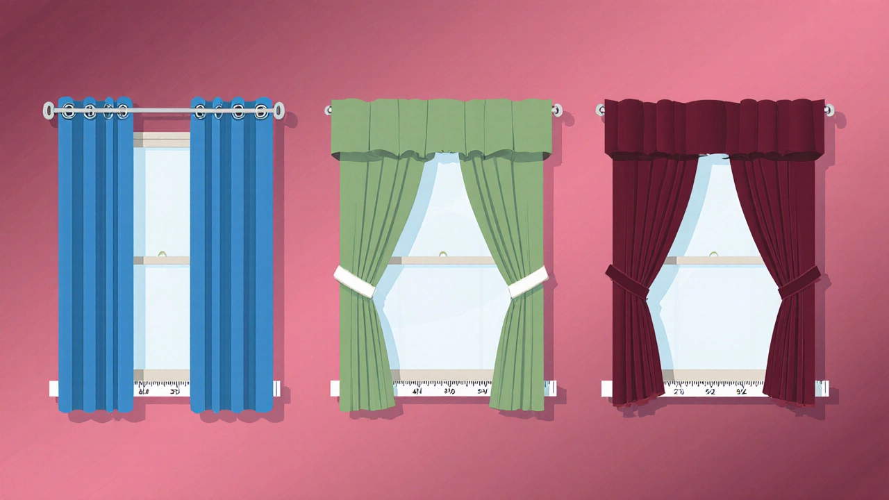 Three side‑by‑side windows showing grommet, tab‑top, and pinch‑pleat curtains with different overhangs.