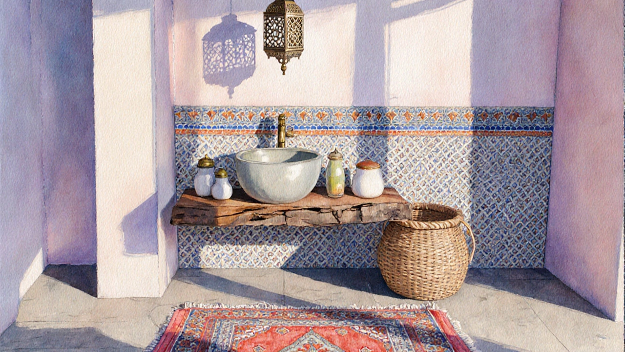 Vanity area featuring reclaimed wood shelf, brass faucet, patterned tiles, and Moroccan lantern.