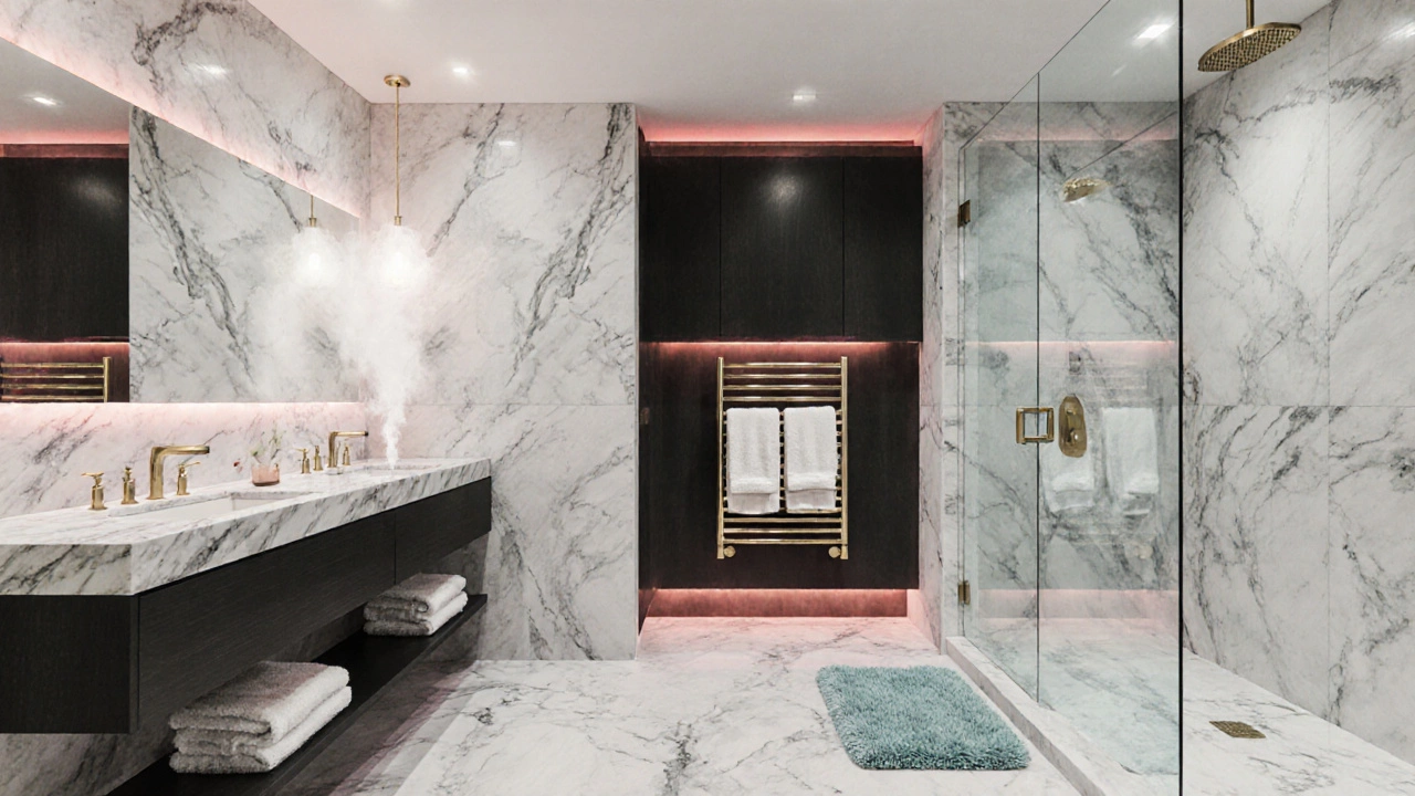 Watercolor illustration of a marble‑tiled spa bathroom with plush towels and ambient lighting.