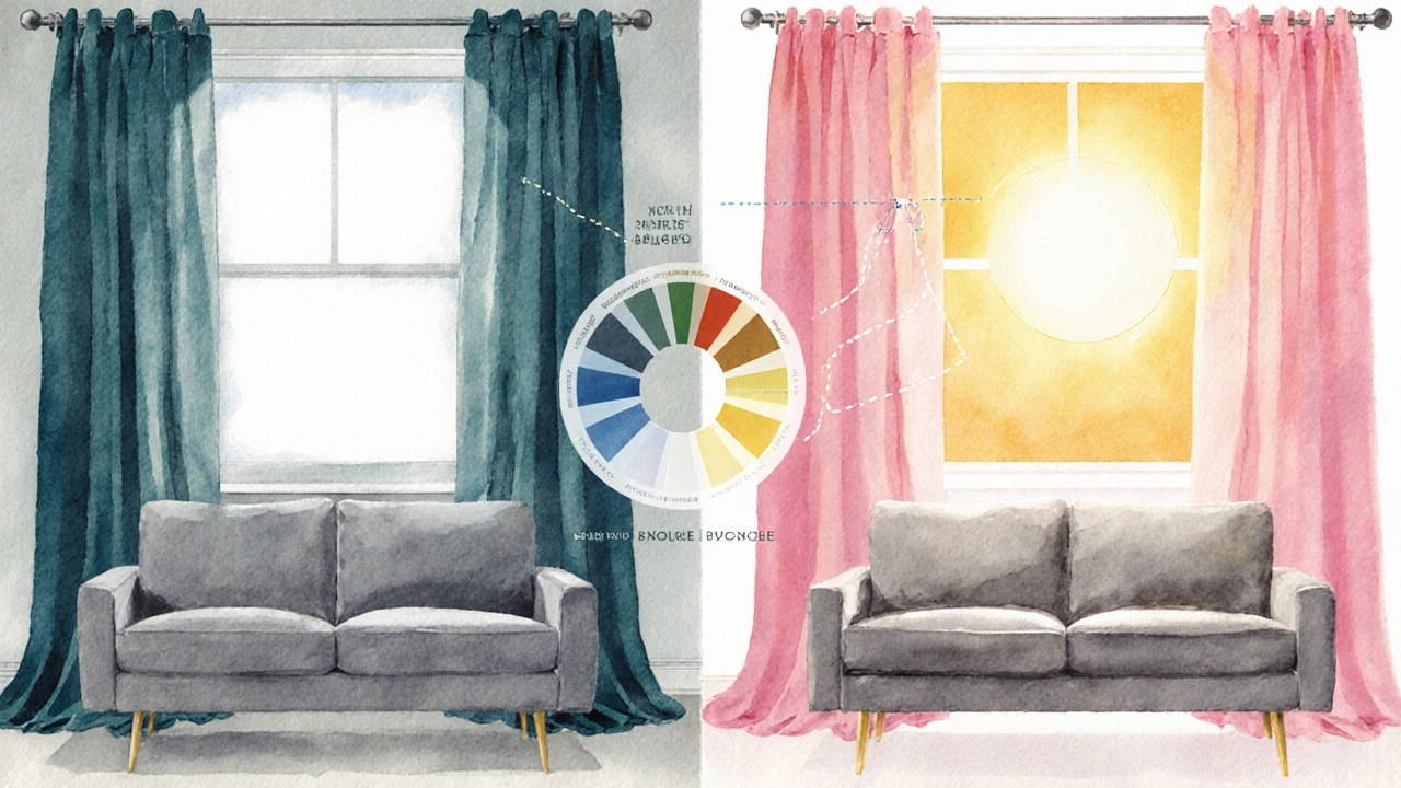 Watercolor split scene showing analogue teal curtains and complementary pink curtains with a grey sofa under different light.