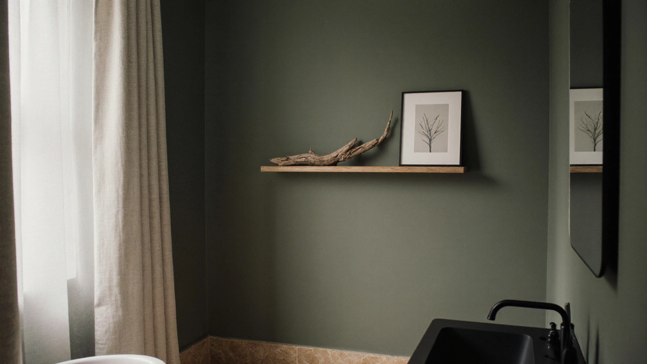 A green-walled spa-like bathroom with matte black fixtures, wood shelf, and soft natural light.