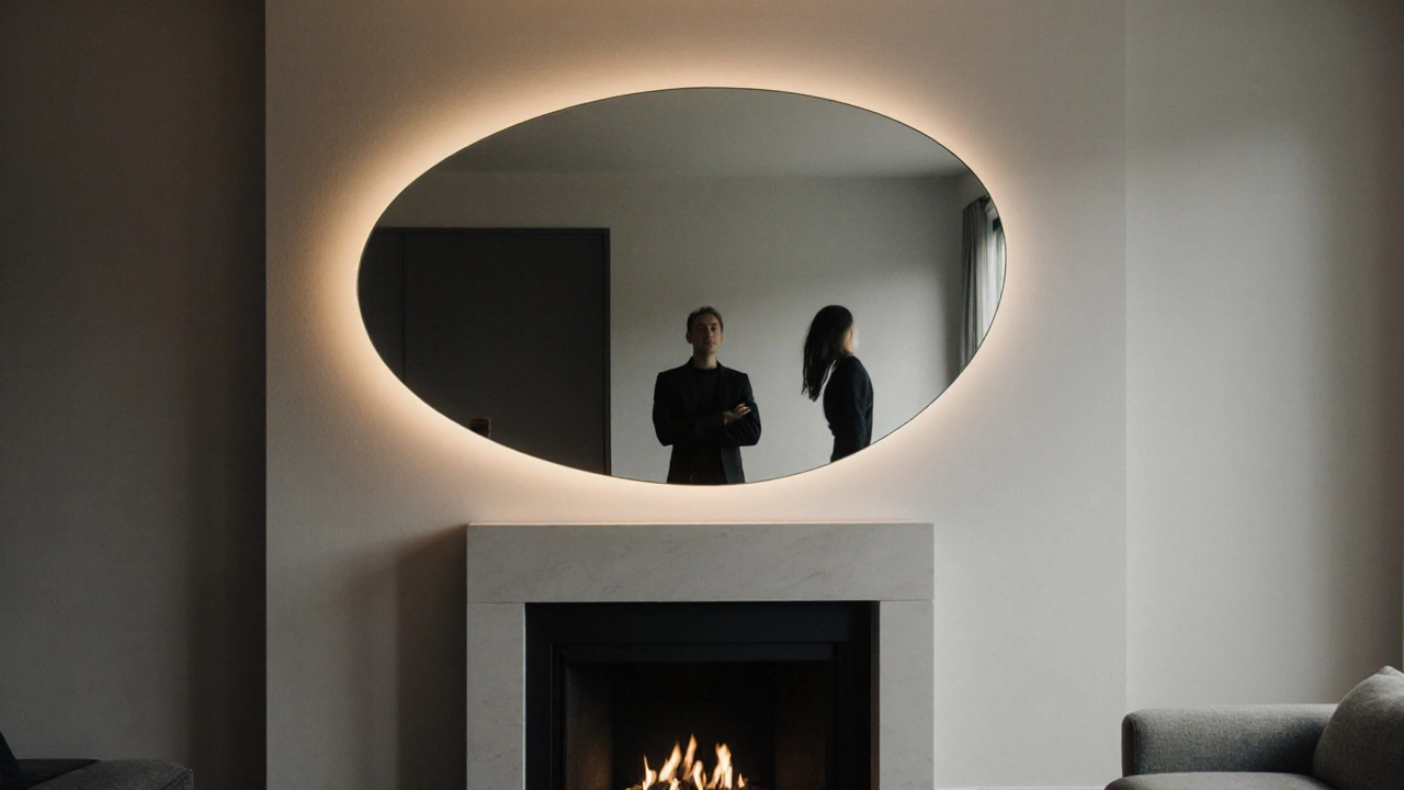 A modern living room with a curved funhouse mirror above a fireplace reflecting a person.