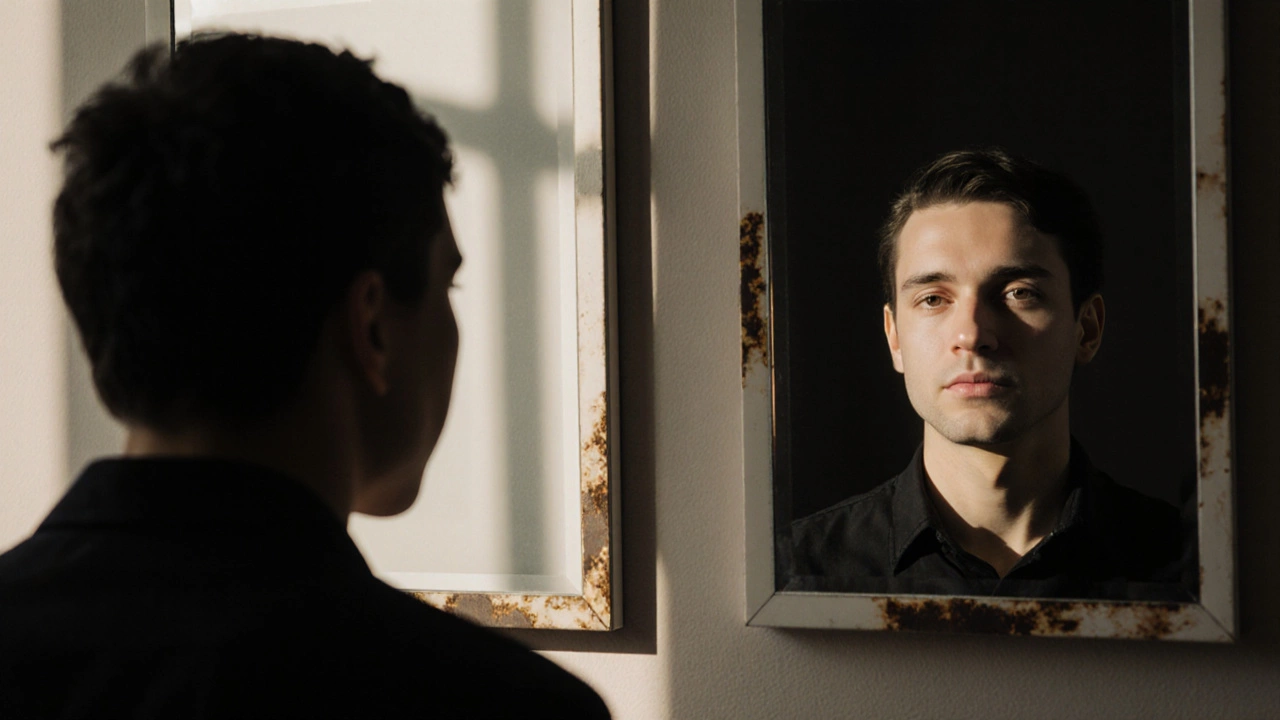 A person seeing their true reflection in one mirror and a distorted version in another, highlighting visual deception.