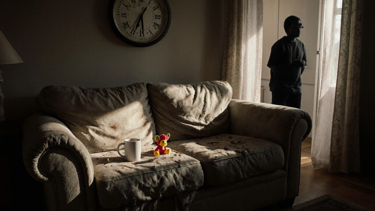 A sagging, worn-out budget sofa with faded fabric and a child&#039;s toy on it.
