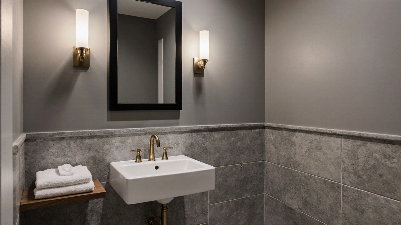 A small gray bathroom with matte tiles, black mirror, and brass faucet, styled with minimalist elegance.
