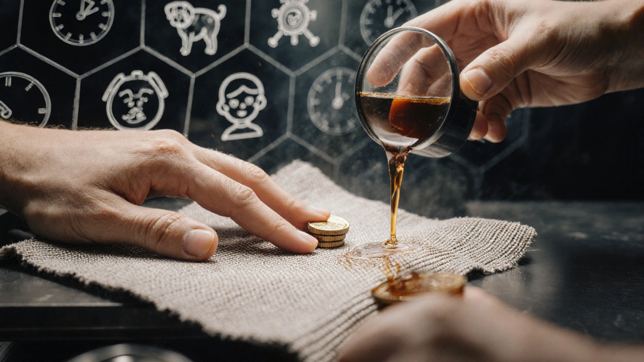 Close-up of fabric being rubbed and spilled on, showing water repelling from tight synthetic weave.