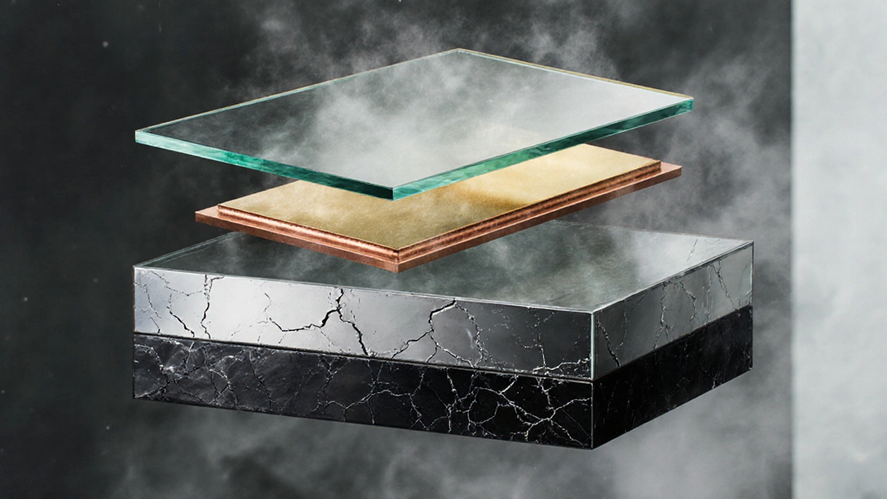 Cross-section diagram showing layers of premium mirror with silver and copper versus cheap mirror with moisture damage.