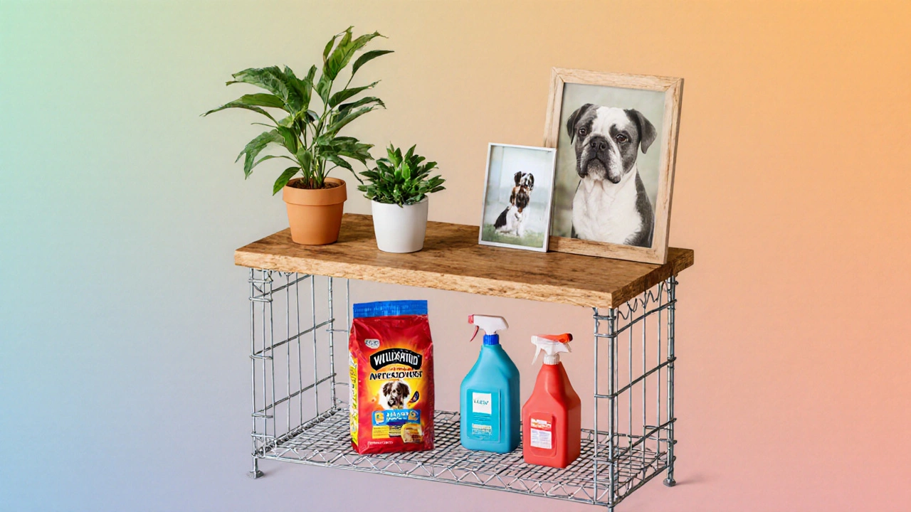 Hybrid shelf with wood top and wire bottom storing plants above and supplies below.