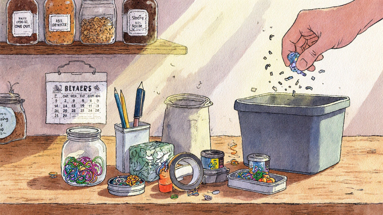 Junk drawer emptied and sorted into small containers on a wooden counter, broken items being tossed.
